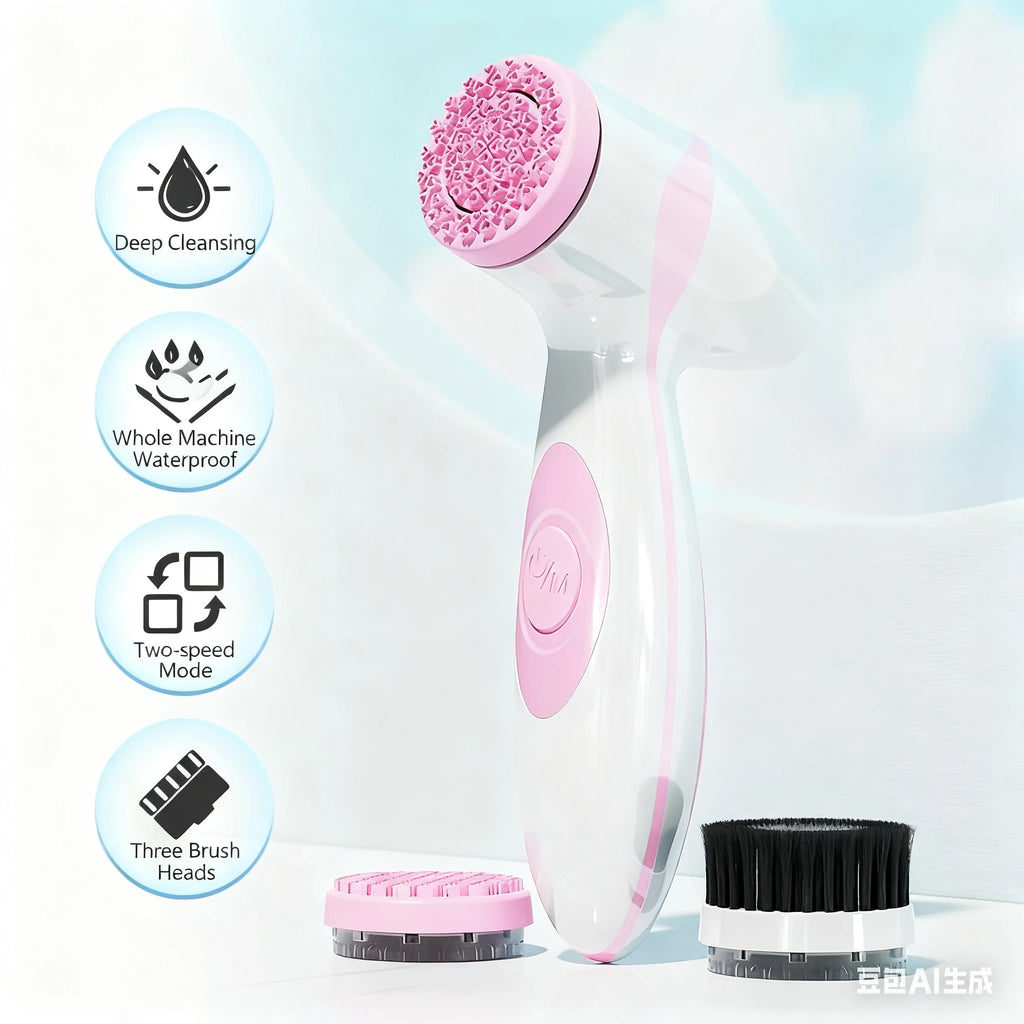 Facial cleansing brush, waterproof dual rotating facial cleansing brush, comes with 3 brush heads and 2 adjustable speeds, recha