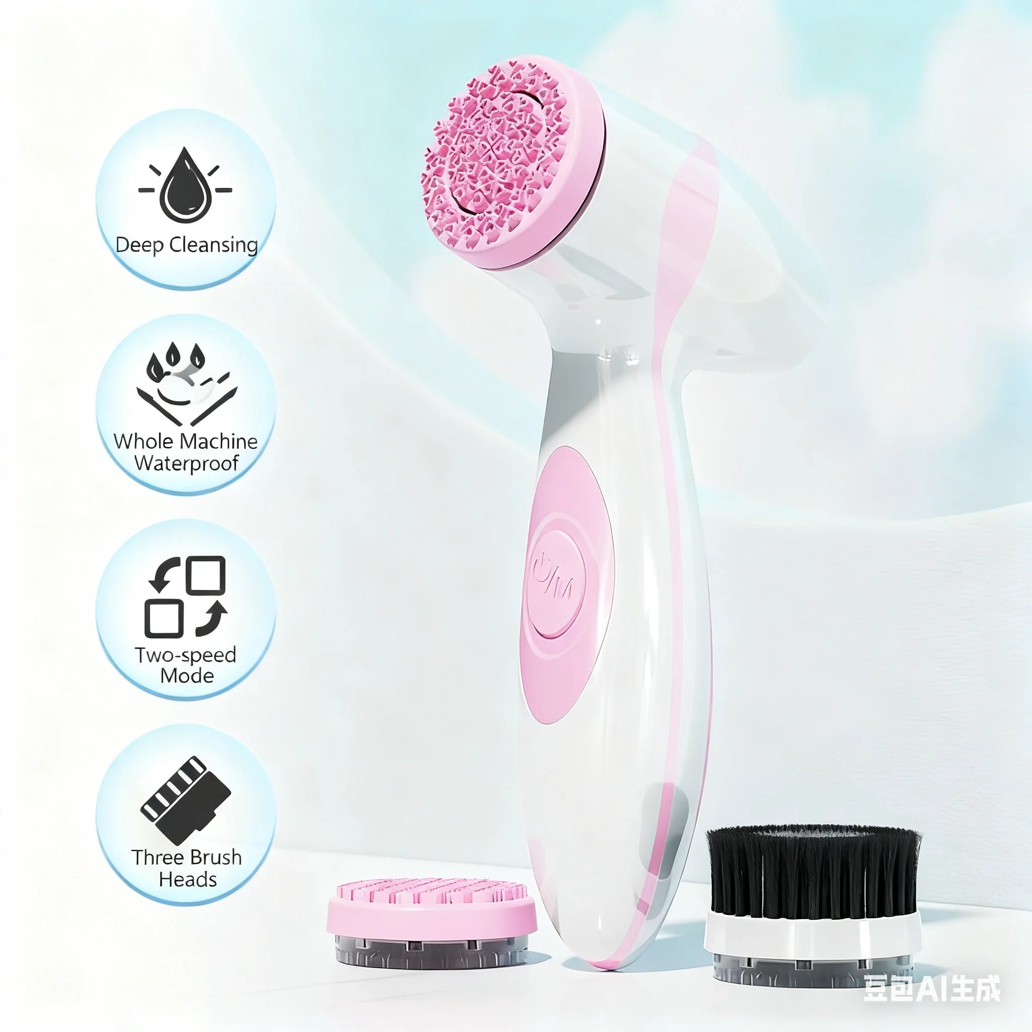 Facial cleansing brush, waterproof dual rotating facial cleansing brush, comes with 3 brush heads and 2 adjustable speeds, recha