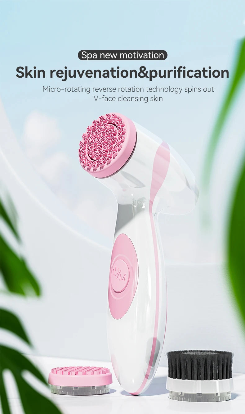 Facial cleansing brush, waterproof dual rotating facial cleansing brush, comes with 3 brush heads and 2 adjustable speeds, recha
